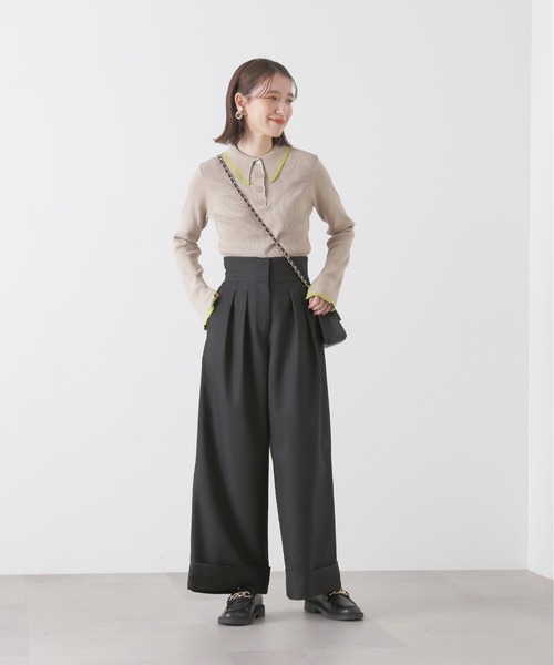 N.（N. Natural Beauty Basic）（エヌエヌナチュラルビューティーベーシック）の「◆ロングポイントカラーポロニット（ニット/セーター・レディース・ネイビー/ベージュ/オフホワイト・MEDIUM）」の9枚目の写真