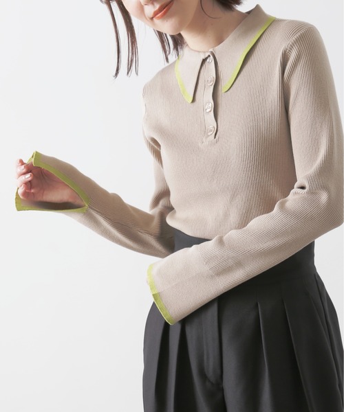 N.（N. Natural Beauty Basic）（エヌエヌナチュラルビューティーベーシック）の「◆ロングポイントカラーポロニット（ニット/セーター・レディース・ネイビー/ベージュ/オフホワイト・MEDIUM）」の17枚目の写真