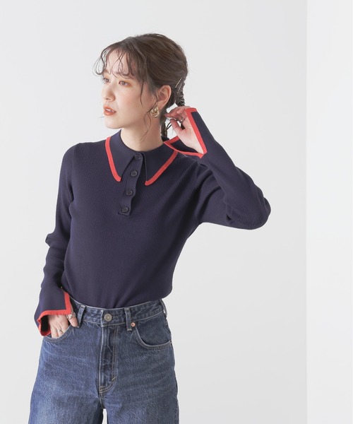 N.（N. Natural Beauty Basic）（エヌエヌナチュラルビューティーベーシック）の「◆ロングポイントカラーポロニット（ニット/セーター・レディース・ネイビー/ベージュ/オフホワイト・MEDIUM）」の11枚目の写真