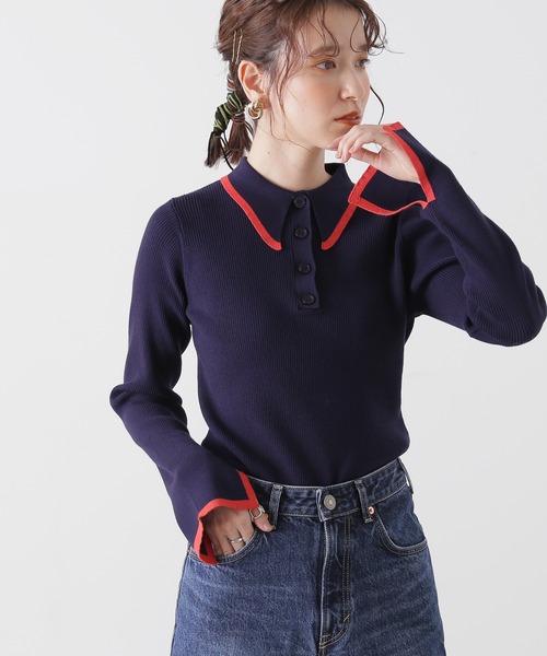 N.（N. Natural Beauty Basic）（エヌエヌナチュラルビューティーベーシック）の「◆ロングポイントカラーポロニット（ニット/セーター・レディース・ネイビー/ベージュ/オフホワイト・MEDIUM）」の18枚目の写真