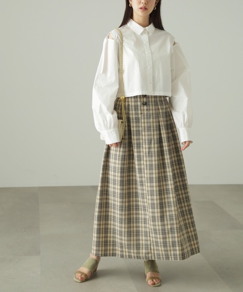 FREE'S MART（フリーズマート）の「◆ハイウエストタックチェックフレアスカート（スカート・レディース・ベージュ系その他/パープル系その他・SMALL/MEDIUM）」の3枚目の写真