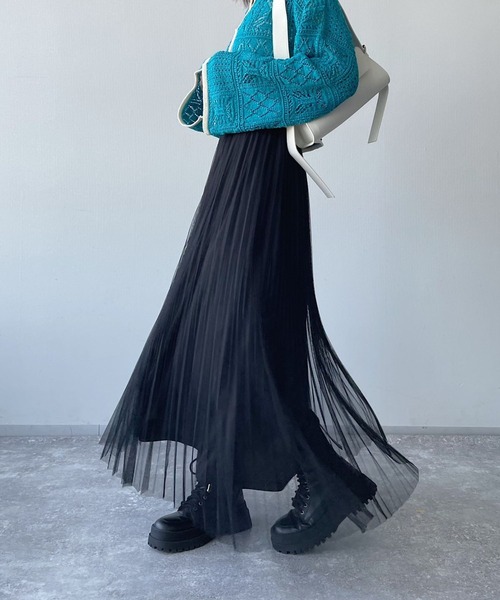 PAGEBOY（ページボーイ）の「チュールランダムプリーツスカート（スカート・レディース・ブラック/オフホワイト/チャコールグレー・FREE）」の8枚目の写真