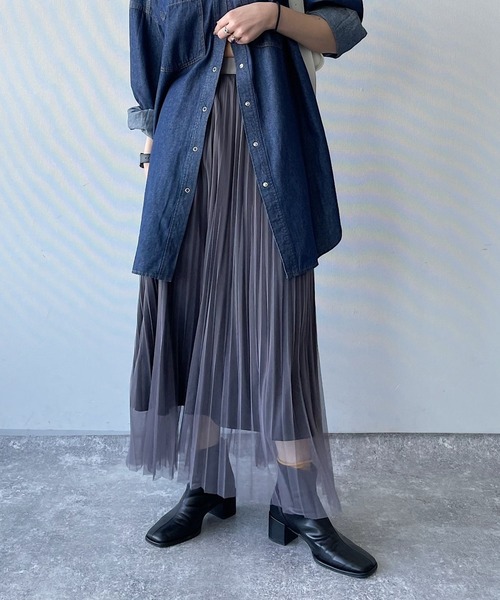 PAGEBOY（ページボーイ）の「チュールランダムプリーツスカート（スカート・レディース・ブラック/オフホワイト/チャコールグレー・FREE）」の9枚目の写真