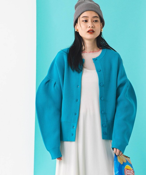 bohmal（ボマール）の「前後2WAY袖タックカラフルダンボールニットカーディガン（カーディガン/ボレロ・レディース・ブラック/ピンク/ライム/オレンジ/ブルー/グリーン・FREE）」の4枚目の写真