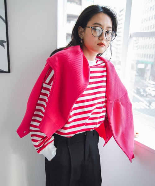 bohmal（ボマール）の「前後2WAY袖タックカラフルダンボールニットカーディガン（カーディガン/ボレロ・レディース・ブラック/ピンク/ライム/オレンジ/ブルー/グリーン・FREE）」の9枚目の写真