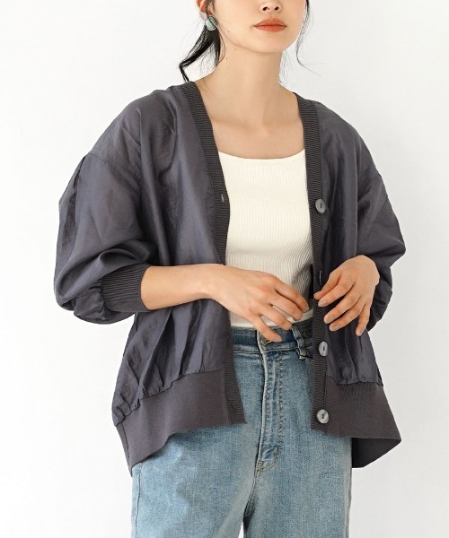 apartment department（アパートメントデパートメント）の「シアー素材 リブニット Vネックカーディガン（カーディガン/ボレロ・レディース・ライトグリーン/ブルーグレー・M）」の2枚目の写真