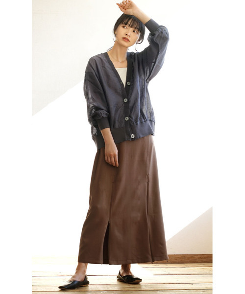 apartment department（アパートメントデパートメント）の「シアー素材 リブニット Vネックカーディガン（カーディガン/ボレロ・レディース・ライトグリーン/ブルーグレー・M）」の4枚目の写真