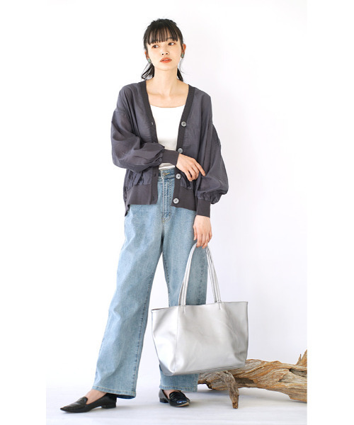 apartment department（アパートメントデパートメント）の「シアー素材 リブニット Vネックカーディガン（カーディガン/ボレロ・レディース・ライトグリーン/ブルーグレー・M）」の5枚目の写真