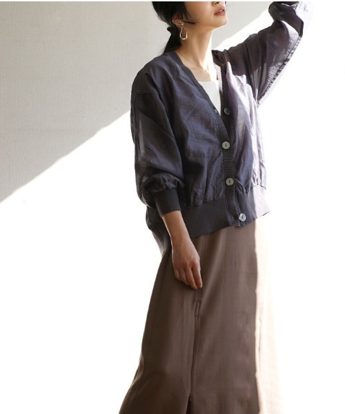 apartment department（アパートメントデパートメント）の「シアー素材 リブニット Vネックカーディガン（カーディガン/ボレロ・レディース・ライトグリーン/ブルーグレー・M）」の10枚目の写真