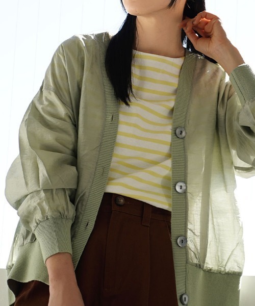 apartment department（アパートメントデパートメント）の「シアー素材 リブニット Vネックカーディガン（カーディガン/ボレロ・レディース・ライトグリーン/ブルーグレー・M）」の6枚目の写真