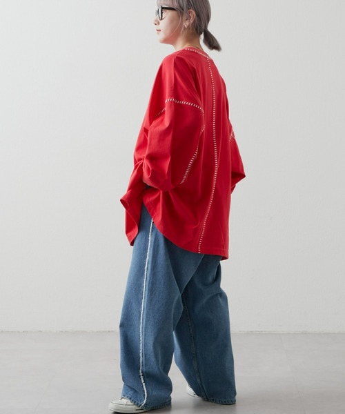 SOUNDSGOOOOD(サウンズグッド)の「【SOUNDS GOOOOD / サウンズグッド】オーバーサイズ配色ステッチサイドスリットTee(Tシャツ/カットソー・メンズ・パープル/ブラック/オフホワイト/パープル系その他/ブラック系その他/チャコールグレー/ホワイト/レッド/ブラック系その他2/ライトグレー/グリーン/オレンジ・ONE SIZE)」の13枚目の写真