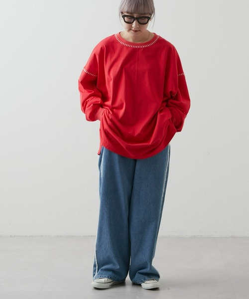 SOUNDSGOOOOD(サウンズグッド)の「【SOUNDS GOOOOD / サウンズグッド】オーバーサイズ配色ステッチサイドスリットTee(Tシャツ/カットソー・メンズ・パープル/ブラック/オフホワイト/パープル系その他/ブラック系その他/チャコールグレー/ホワイト/レッド/ブラック系その他2/ライトグレー/グリーン/オレンジ・ONE SIZE)」の15枚目の写真