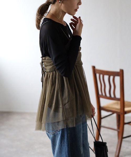 Bonjour Sagan（ボンジュールサガン）の「バックダブルリボンチュールキャミ（キャミソール・レディース・ブラック/ホワイト/カーキ・FREE）」の15枚目の写真