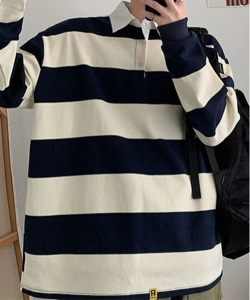 ROOPTOKYO（ループトウキョウ）の「▲ビックシルエットラガーシャツ  ボーダーシャツ（シャツ/ブラウス・メンズ・イエロー系その他/ホワイト×ネイビー・XL/M/L）」の3枚目の写真