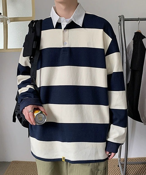 ROOPTOKYO（ループトウキョウ）の「▲ビックシルエットラガーシャツ  ボーダーシャツ（シャツ/ブラウス・メンズ・イエロー系その他/ホワイト×ネイビー・XL/M/L）」の4枚目の写真