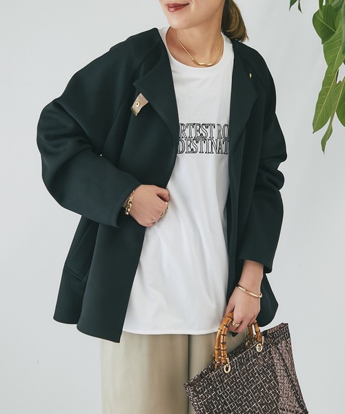 un dix cors（アンディコール）の「ポンチノーカラーコート（ノーカラーコート・レディース・ブラック/オフホワイト/ネイビー・FREE）」の2枚目の写真