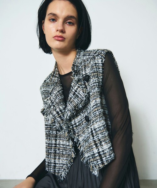 GRACE CONTINENTAL（グレースコンチネンタル）の「フリンジミニベスト（ベスト・レディース・ベージュ/ブラック・36）」の2枚目の写真