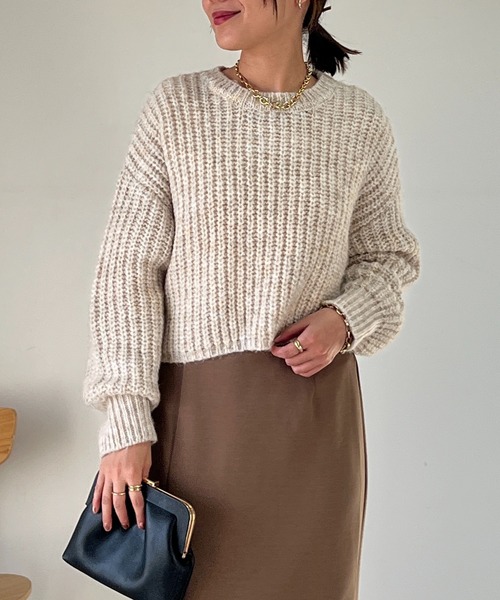 un dix cors(アンディコール)の「片畦ショートニット(ニット/セーター・レディース・アイボリー/グレー/オレンジ・FREE)」の21枚目の写真