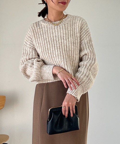 un dix cors(アンディコール)の「片畦ショートニット(ニット/セーター・レディース・アイボリー/グレー/オレンジ・FREE)」の16枚目の写真