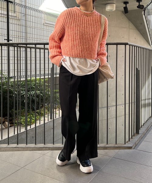 un dix cors(アンディコール)の「片畦ショートニット(ニット/セーター・レディース・アイボリー/グレー/オレンジ・FREE)」の11枚目の写真