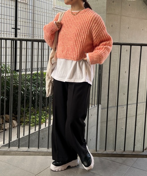 un dix cors(アンディコール)の「片畦ショートニット(ニット/セーター・レディース・アイボリー/グレー/オレンジ・FREE)」の12枚目の写真