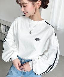綿100％天竺.ワンポイント刺繍配色カラーライン入りロンT