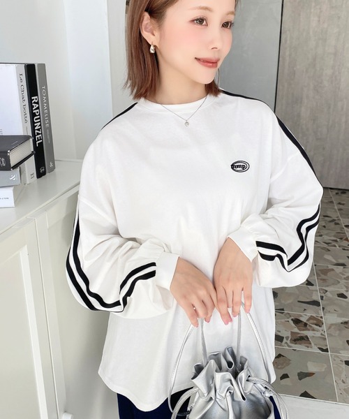 moment+(モーメントプラス)の「綿100%天竺.ワンポイント刺繍配色カラーライン入りロンT(Tシャツ/カットソー・レディース・オートミール/ピンク/オフホワイト/ベージュ/チャコールグレー・M/L)」の7枚目の写真