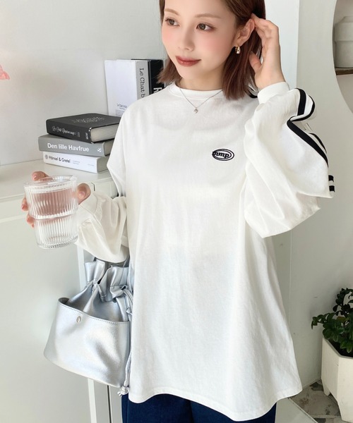 moment+(モーメントプラス)の「綿100%天竺.ワンポイント刺繍配色カラーライン入りロンT(Tシャツ/カットソー・レディース・オートミール/ピンク/オフホワイト/ベージュ/チャコールグレー・M/L)」の10枚目の写真