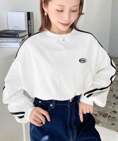 moment+(モーメントプラス)の「綿100%天竺.ワンポイント刺繍配色カラーライン入りロンT(Tシャツ/カットソー・レディース・オートミール/ピンク/オフホワイト/ベージュ/チャコールグレー・M/L)」の8枚目の写真