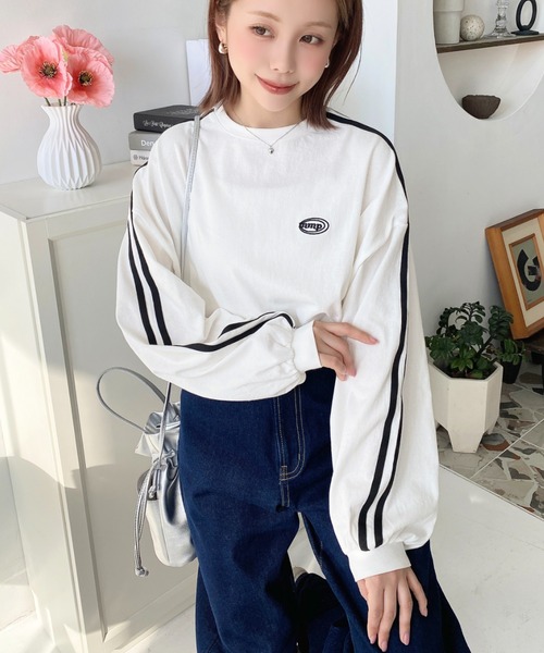 moment+(モーメントプラス)の「綿100%天竺.ワンポイント刺繍配色カラーライン入りロンT(Tシャツ/カットソー・レディース・オートミール/ピンク/オフホワイト/ベージュ/チャコールグレー・M/L)」の9枚目の写真