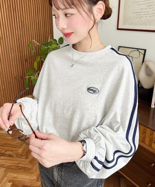 moment+(モーメントプラス)の「綿100%天竺.ワンポイント刺繍配色カラーライン入りロンT(Tシャツ/カットソー・レディース・オートミール/ピンク/オフホワイト/ベージュ/チャコールグレー・M/L)」の17枚目の写真