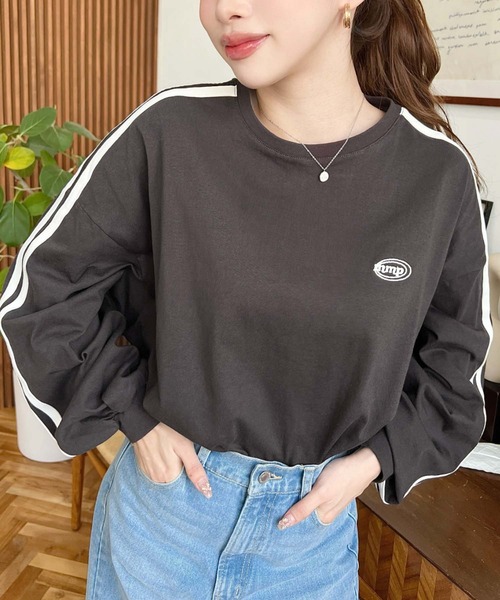 moment+(モーメントプラス)の「綿100%天竺.ワンポイント刺繍配色カラーライン入りロンT(Tシャツ/カットソー・レディース・オートミール/ピンク/オフホワイト/ベージュ/チャコールグレー・M/L)」の12枚目の写真