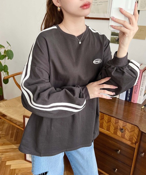 moment+(モーメントプラス)の「綿100%天竺.ワンポイント刺繍配色カラーライン入りロンT(Tシャツ/カットソー・レディース・オートミール/ピンク/オフホワイト/ベージュ/チャコールグレー・M/L)」の13枚目の写真