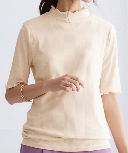 細リブハイネック5分袖カットソートップス（Tシャツ/カットソー