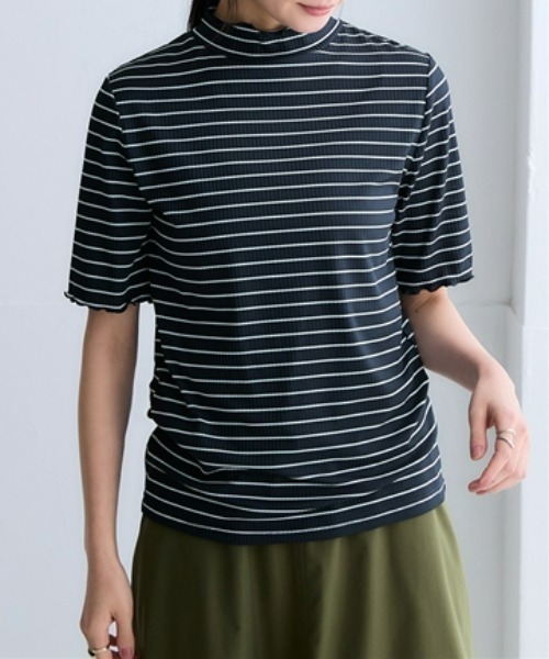 nissen（ニッセン）の「細リブハイネック5分袖カットソートップス（Tシャツ/カットソー・レディース・オフホワイト/ブラック/アイボリー/ホワイト系/コーラルピンク/ライトグレー/ブラウン/ネイビー×ホワイト/イエロー/サックスブルー・S/M/L/LL）」の8枚目の写真