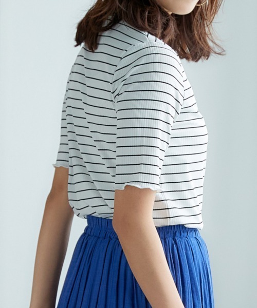 nissen(ニッセン)の「細リブハイネック5分袖カットソートップス(Tシャツ/カットソー・レディース・オフホワイト/ブラック/アイボリー/ホワイト系/コーラルピンク・S/M/L/LL)」の11枚目の写真