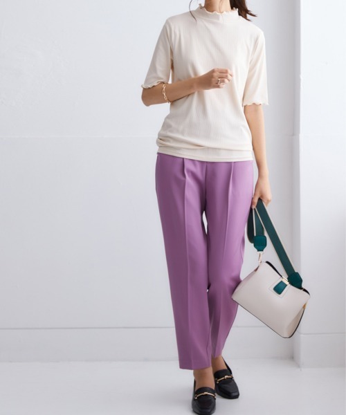 細リブハイネック5分袖カットソートップス（Tシャツ/カットソー