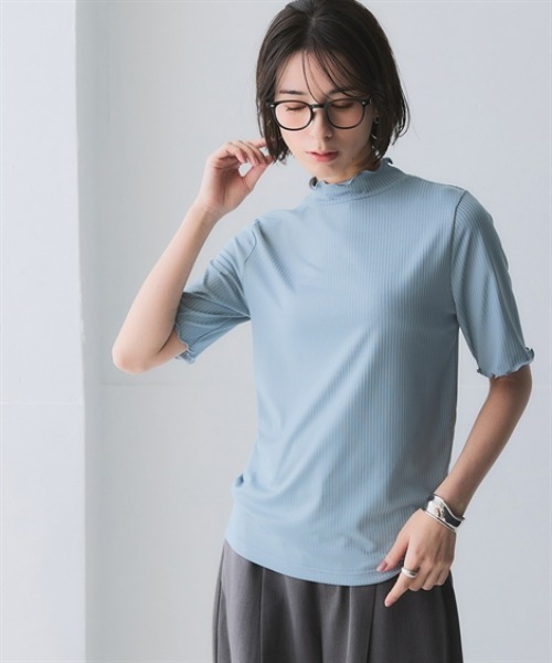 nissen（ニッセン）の「細リブハイネック5分袖カットソートップス（Tシャツ/カットソー・レディース・オフホワイト/ブラック/アイボリー/ホワイト系/コーラルピンク/ライトグレー/ブラウン/ネイビー×ホワイト/イエロー/サックスブルー・S/M/L/LL）」の21枚目の写真