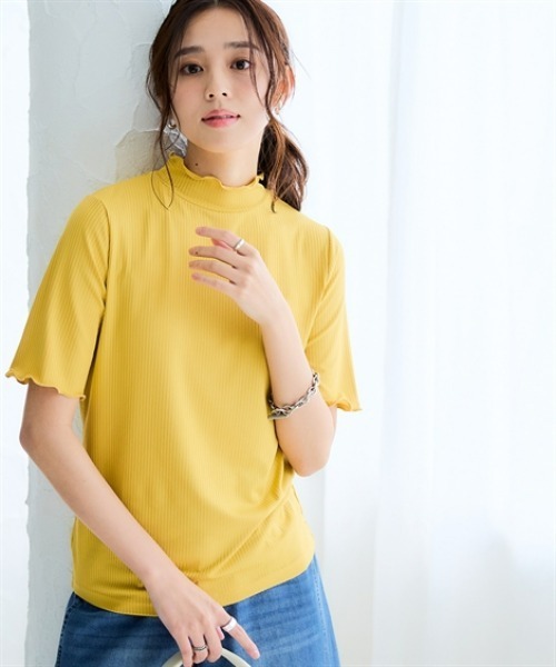 nissen（ニッセン）の「細リブハイネック5分袖カットソートップス（Tシャツ/カットソー・レディース・オフホワイト/ブラック/アイボリー/ホワイト系/コーラルピンク/ライトグレー/ブラウン/ネイビー×ホワイト/イエロー/サックスブルー・S/M/L/LL）」の17枚目の写真