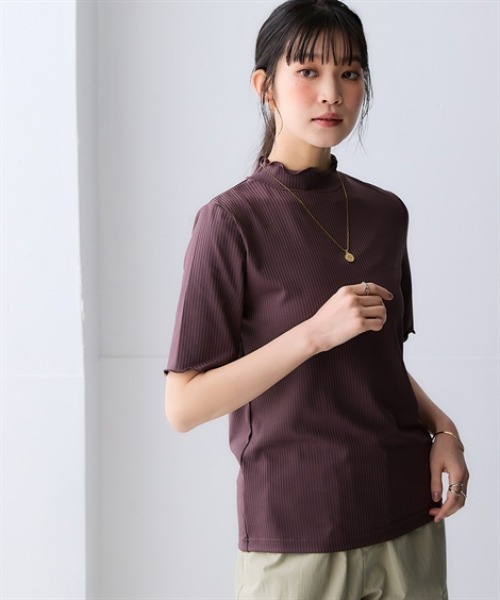 nissen（ニッセン）の「細リブハイネック5分袖カットソートップス（Tシャツ/カットソー・レディース・オフホワイト/ブラック/アイボリー/ホワイト系/コーラルピンク/ライトグレー/ブラウン/ネイビー×ホワイト/イエロー/サックスブルー・S/M/L/LL）」の12枚目の写真