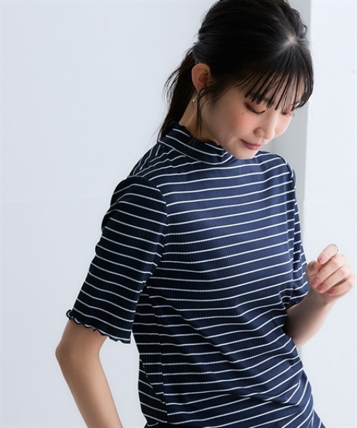 nissen（ニッセン）の「細リブハイネック5分袖カットソートップス（Tシャツ/カットソー・レディース・オフホワイト/ブラック/アイボリー/ホワイト系/コーラルピンク/ライトグレー/ブラウン/ネイビー×ホワイト/イエロー/サックスブルー・S/M/L/LL）」の14枚目の写真