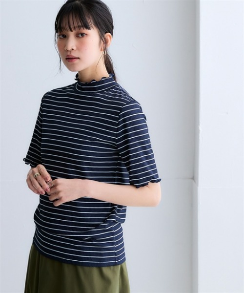 nissen（ニッセン）の「細リブハイネック5分袖カットソートップス（Tシャツ/カットソー・レディース・オフホワイト/ブラック/アイボリー/ホワイト系/コーラルピンク/ライトグレー/ブラウン/ネイビー×ホワイト/イエロー/サックスブルー・S/M/L/LL）」の15枚目の写真