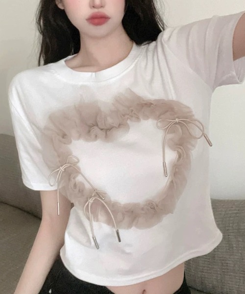 Achic(アシック)の「フリルハートTシャツ(Tシャツ/カットソー・レディース・ホワイト/ブラック・M)」の3枚目の写真