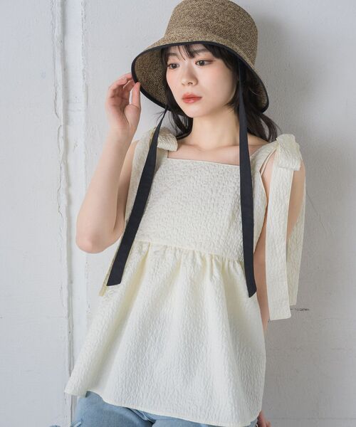 casita(RETRO GIRL)（カシータ）の「リボン付きペーパーHAT（ハット・レディース・オフホワイト/ライトブラウン・ONE SIZE）」の3枚目の写真