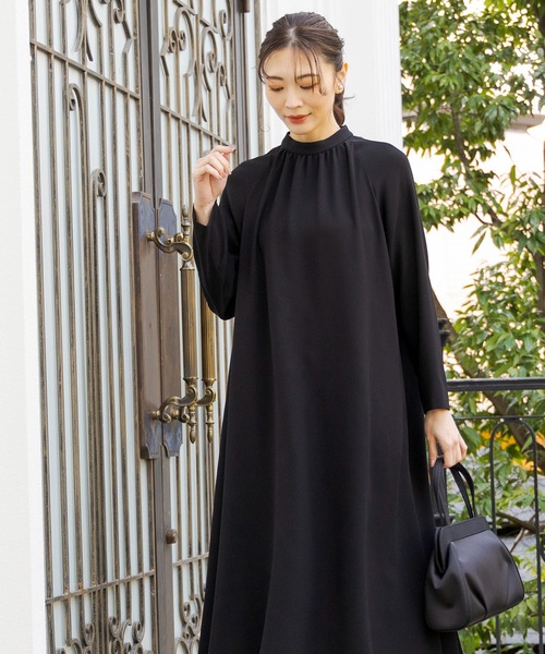 セール】洗えるラグランスリーブのブラックフォーマルワンピース［喪服
