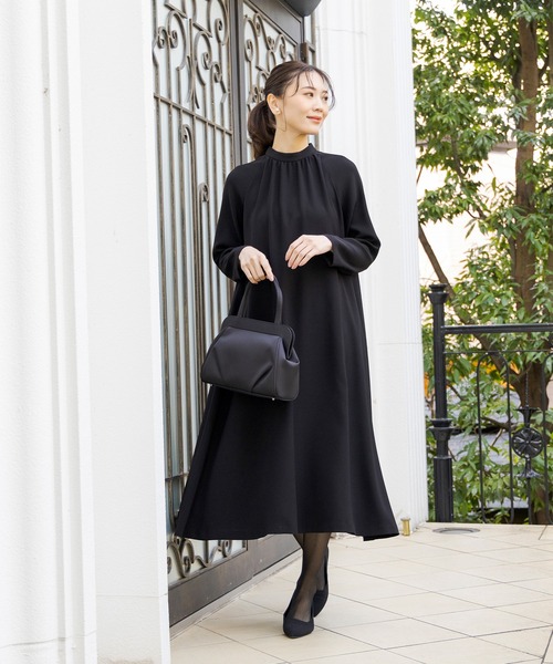 セール】洗えるラグランスリーブのブラックフォーマルワンピース［喪服