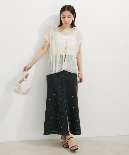 VIS（ビス）の「シャーリングカーデ×キャミアンサンブル（Tシャツ/カットソー・レディース・ダークブラウン/キナリ/グレー・FREE）」の12枚目の写真