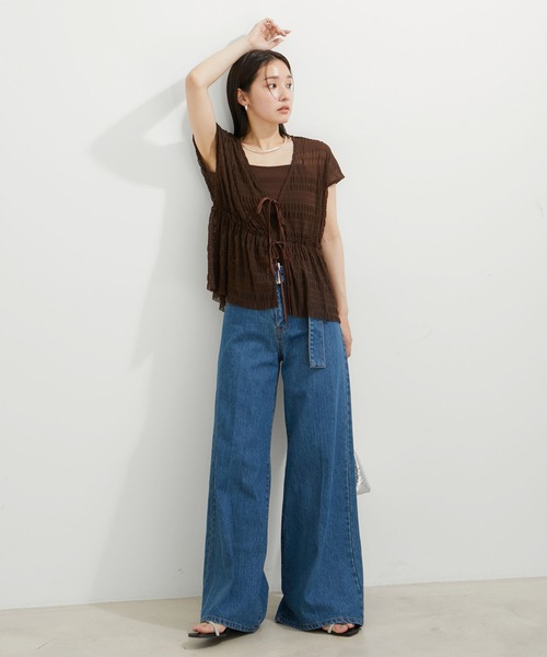 VIS（ビス）の「シャーリングカーデ×キャミアンサンブル（Tシャツ/カットソー・レディース・ダークブラウン/キナリ/グレー・FREE）」の9枚目の写真