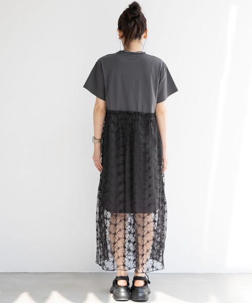ダークグレー 半袖ワンピース レース装飾 RAGEBLUE（レイジブルー）の「レースドッキング半袖ワンピース