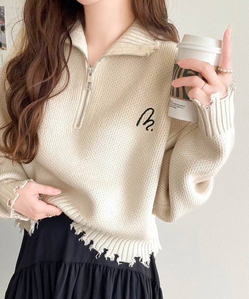 mily bilet(ミウィビレット)の「【mily bilet】こなれクラッシュ、はじめました。ダメージ ハーフジップ 胸 刺繍 ニット(ニット/セーター・レディース・アイボリー/ブルー/チャコールグレー・LARGE/MEDIUM/SMALL/X-LARGE)」の15枚目の写真